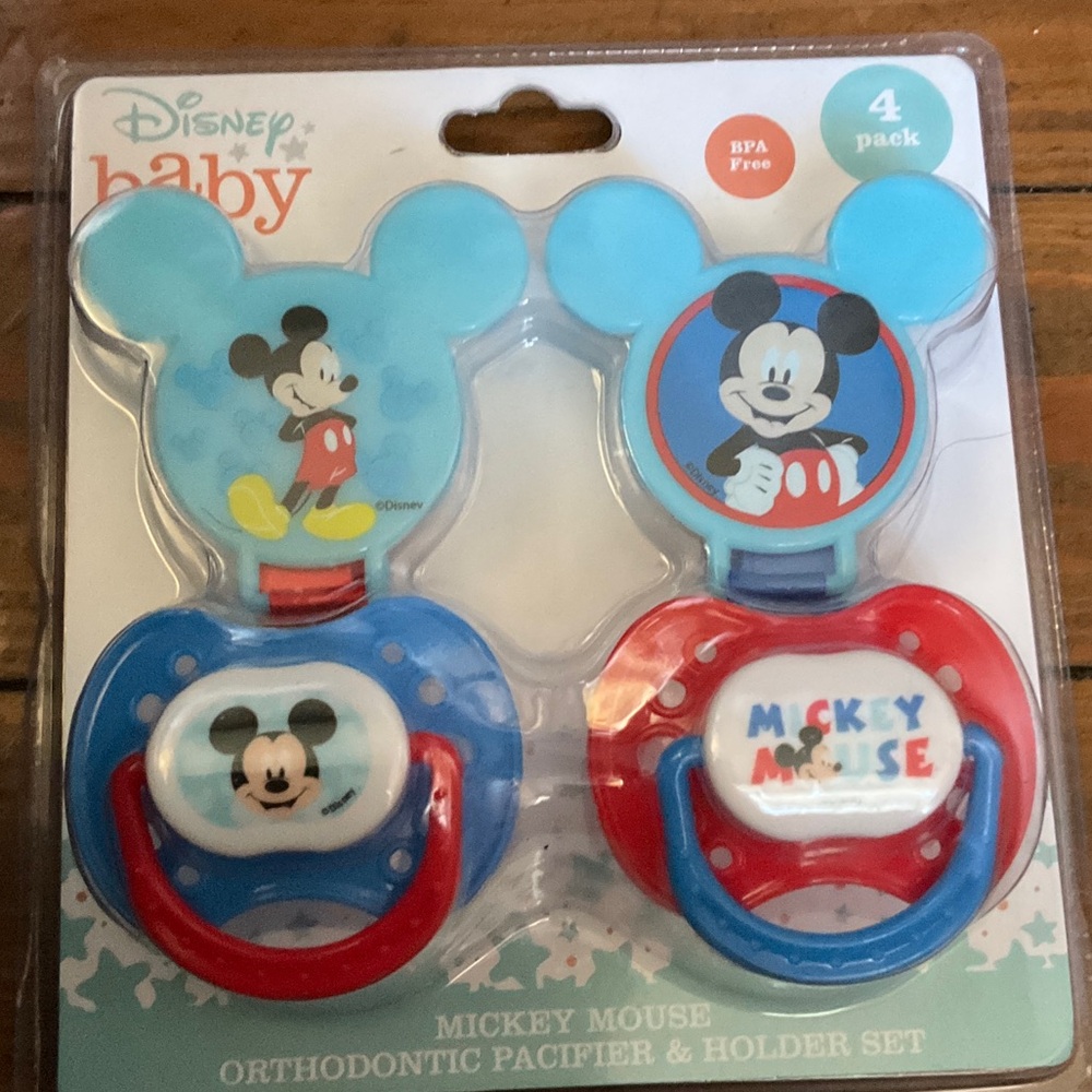 New Disney Baby Mickey Mouse Orthodontic Pacifier and Holder Set 4-Pack BPA Free